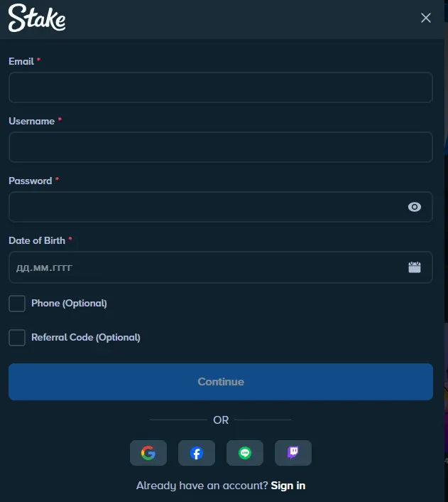 Stake registration form with personal detail fields and social signup options for new accounts.